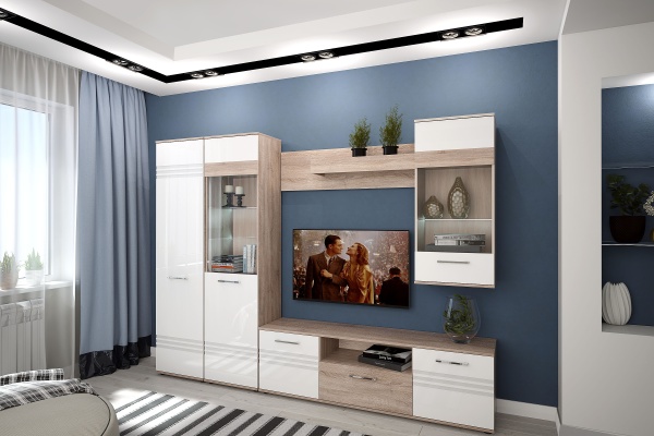 Гостиная Валери Дуб Сонома/Белый Глянец МДФ (Ш-2228 x В-2046 x Г-385 мм)